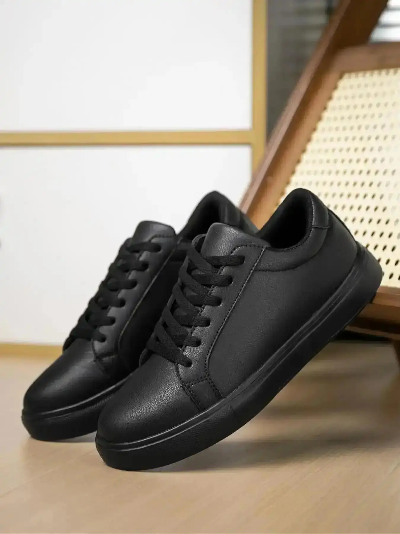 Men's Chic Triple Black Design Lace Up Low Top Flat Snkrs Daily Airy Comfy Sports Male Uni Round for Wear Closed Footwear Essential Multi Purpose Skate Everyday Style Pair Versatile Shoes trendy modern comfortable