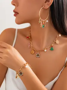 Women Christmas Elements Pendant Jewelry Set, Gingerbread Man Snowflake Accessories Candy Earrings Bracelets, All-Season Party Style