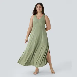 Halara U Neck Backless Split Flowy Maxi Casual Plus Size Tank Dress