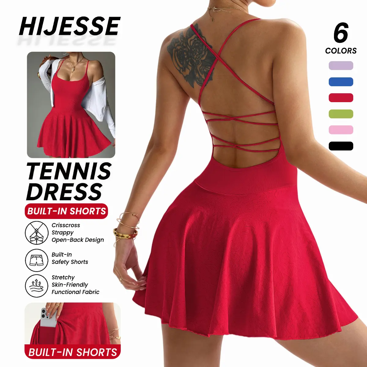 Hijesse Women Embossed Floral Textured Cross Back Active Dress, Sleeveless Breathable 2-in-1 Skort Dress with Side Pocket, All Seasons Casual Tennis Workout Dress