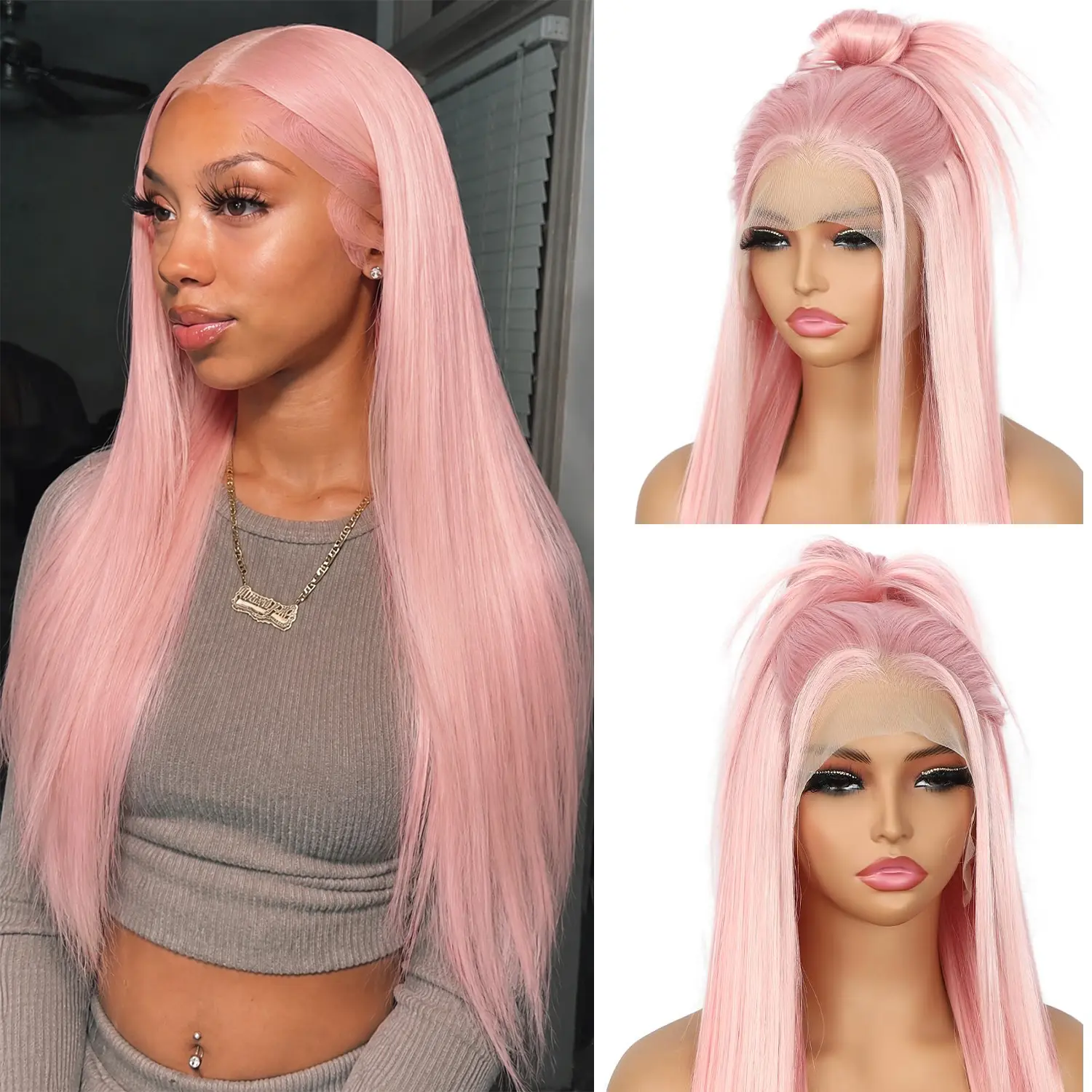 VOSILK 13x6 HD Pink Lace Front Wig 26inch Wear and Go Wig Pre Plucked Natural Straight Wig  Light Pink Lace Front Synthetic Wig Beginner Friendly Natural Hairline for Women Daily Party Cosplay
