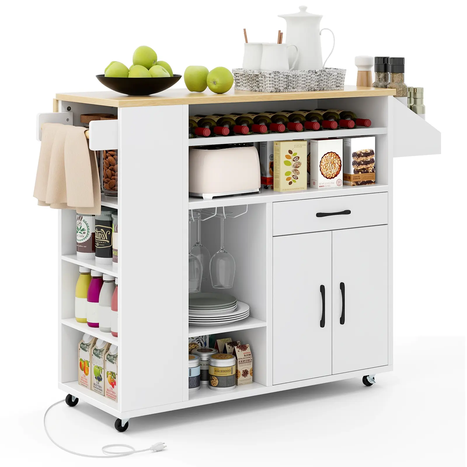 COSTWAY - Rolling Kitchen Island Cart with Power Outlet for Dining Room-White and Natural