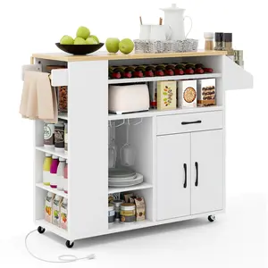 COSTWAY - Rolling Kitchen Island Cart with Power Outlet for Dining Room-White and Natural