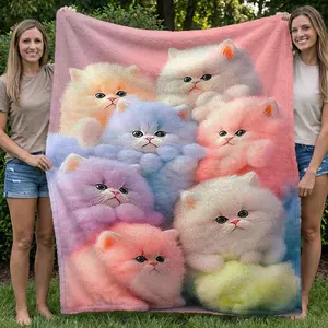 Cute Cat Print Flannel Blanket, Soft Fluffy Blanket, Ideal for Sofa, Bed, Travel, Office, All Seasons, Multi-Functional Gift, Comfortable and Stylish