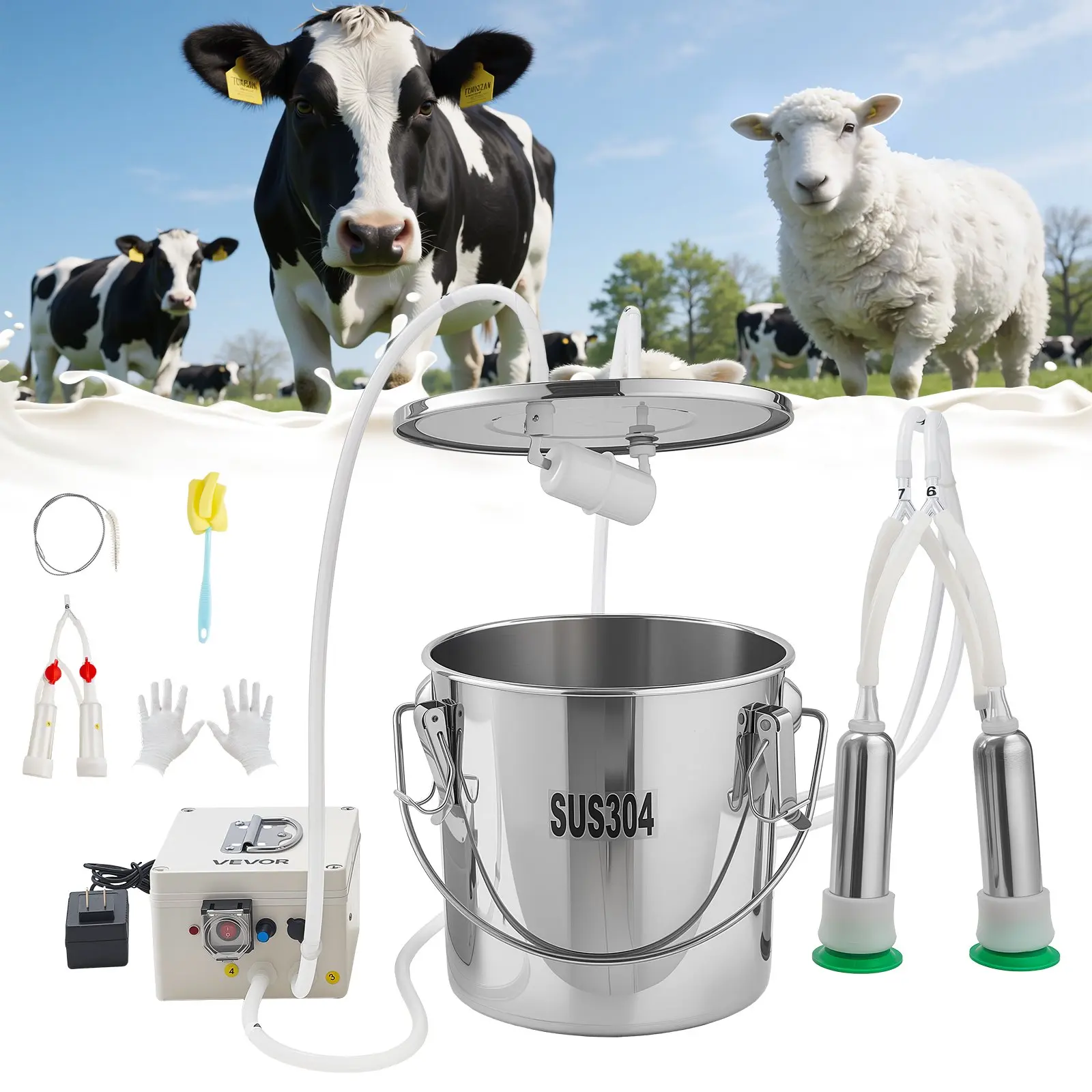 VEVOR Pulsating Electric Goat Milker, 25W, 3.2Gal/12L Food-Grade Stainless Steel Bucket, 4 Teat Cups, Compact, 8000mAh Rechargeable Battery, 11.2 Lbs / 5.1 Kg, Adjustable Suction & Power, Portable Machine with Cleaning Brush, 12 L