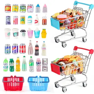134pcs Mini Shopping Cart Basket Miniature Food Drink Bottle Supermarket Metal Handcart Toys Doll House Store Cosplay Game Dollhouse Grocery Cake Bread Party Trolley Model Dollar Bills