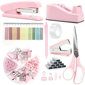 Office Supplies,Desk Accessories, Stapler and Tape Dispenser Set for Women with Stapler, Tape Dispenser, Staple Remover, Staples, Clips, Scissor and Tabs, for Students, Coworkers