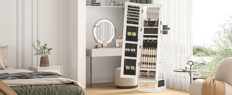 [dealsforyoudays] LED Lockable Jewelry Cabinet Wall-Mounted Armoire with Mirror 3 Color Lights & Storage Shelves Modern Chest Drawers 360° Rotating Base Best Christmas Gifts