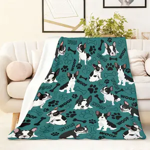 1PC French Bulldog Pattern Flannel Blanket Soft Warm Throw Blanket for Couch Bed Sofa Lightweight Cozy Fleece Blanket with Dog Paw Print Bone Woof Design Pet Lover Gift Home Decor All Season Use