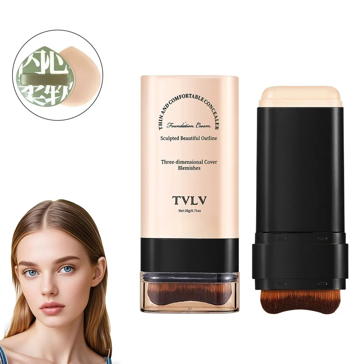 2-in-1 Hydrating Cosmetic Foundation & Concealer Stick with Built-in Brush, Gentle Waterproof Full Coverage Solid Makeup, Blendable Long-Wear Setting Powder for Flawless Natural Face Base, Acne