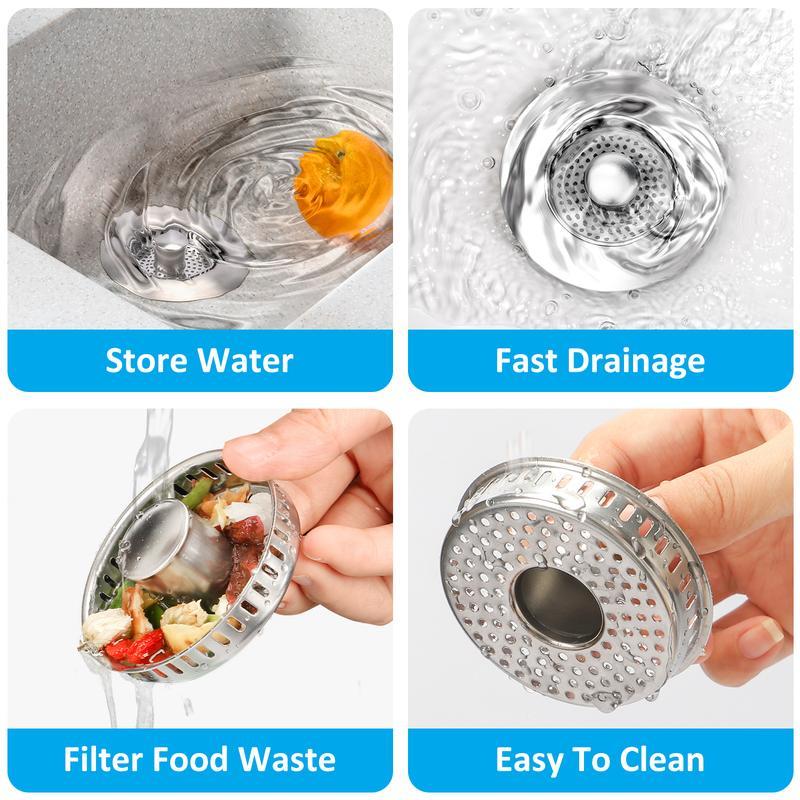 Multi-Functional Stainless Steel Sink Drain Strainer, 3-in-1 Pop-Up Basket and Stopper Combo, Anti-Clogging and Deodorizing, Compatible with US Standard 3-1/2 Inch Drain Pipes for Kitchen Use