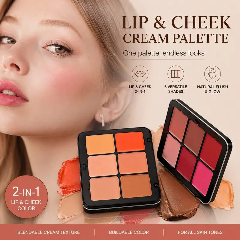 Beauty Glazed 2-in-1 Cheek Makeup Duo Palette - 6 Versatile Shades Matte Cream Blush & Concealer, Compact & Portable, Long-Wearing, Smudge-Proof, Blendable, Hydrating, Cruelty-Free, All Skin Types, 24-Month Shelf Life, Acrylic Resin Daily Cosmetics