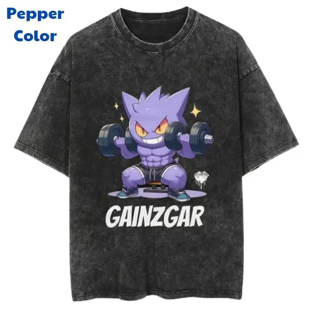 [Sale up to 45%] Gainzgar Gym Tee Buff Gengar Parody Shirt Pokemon Anime Graphic Top Vintage Washed Workout Style Unisex Fitness Streetwear