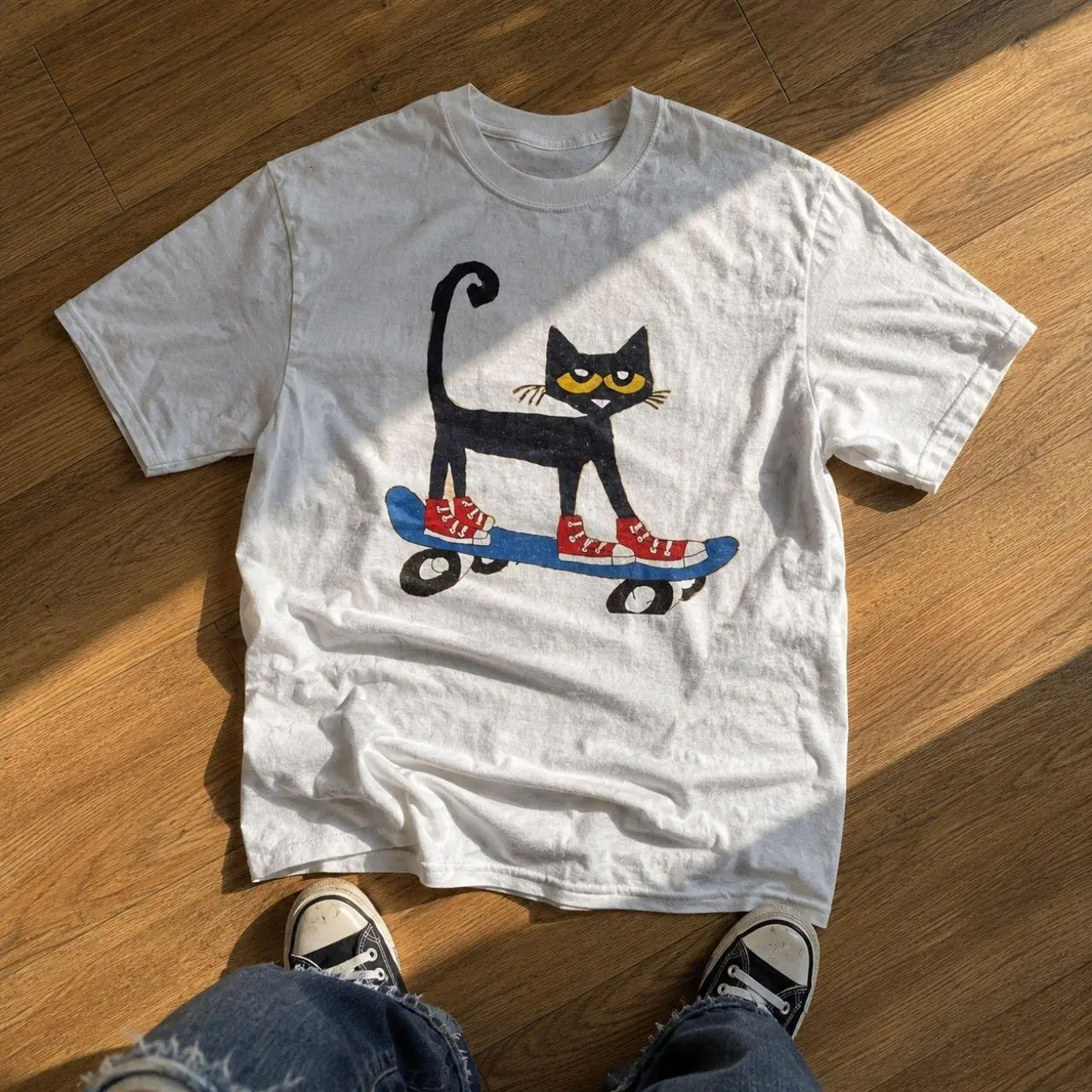 Pete The Cat Skateboard Red Sneakers T-shirt And Baby Tee | Retro Cartoon Skater Cat Shirt, Cute Aesthetic Kidcore Top, 90s Nostalgic Childhood Clothing, Cool Streetwear Graphic Apparel Gift