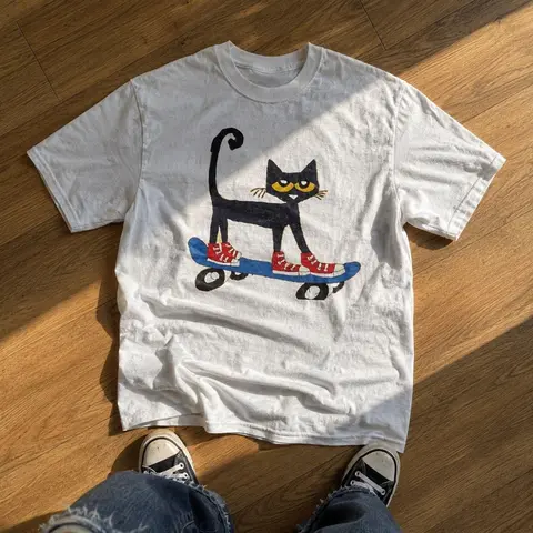Pete The Cat Cotton Short-Sleeve Round Neck Tshirt & 2000s Baby Tees - Red Sneakers Skateprint, Retro Cartoon Skater Top, 90s Kidcore Apparel, Machine Washable All-Season Sports Streetwear Clothing Gift