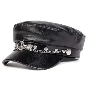 Unisex Ship Anchor Chain Buckle Leather Hat Spring Autumn Sailor Hats Black Beret Cap Men Flat Top Captain Military Caps