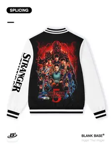 Stranger Things Graphic Baseball Jacket, Casual Loose-Fitting Breathable Outerwear, Unisex Trendy Sportswear, Outdoor Wear