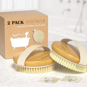 Bamboo Dry Body Brush - 2 Pack Shower Brushes for Wet & Dry Brushing, Soft & Stiff Bristles, High-Quality Natural Materials, Lightweight and Easy to Carry Bath Bathtub Scrubber Smooth Strap Oval Personal