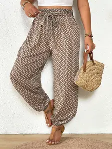 Women's Fashion Plus Size Elegant Fish Scale Print Drawstring Waist Elastic Design Loose Fit Casual Long Pants, Daily Wear Comfortable Trousers, Casual Boho Pants