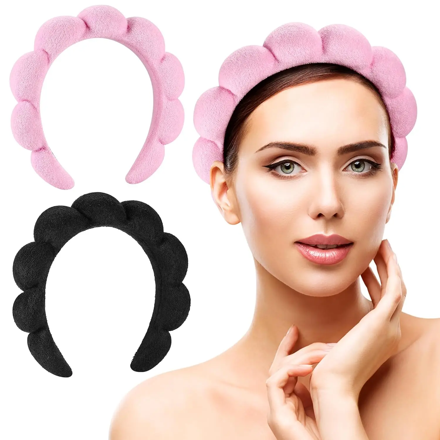 2 pack Spa Headbands for Washing Face or Facial, Set of 2 Skincare Headbands, Terry Cloth Headband Wash Combo Pack - Puffy Makeup Washing, Mask, Skin Treatment (Black & Pink)