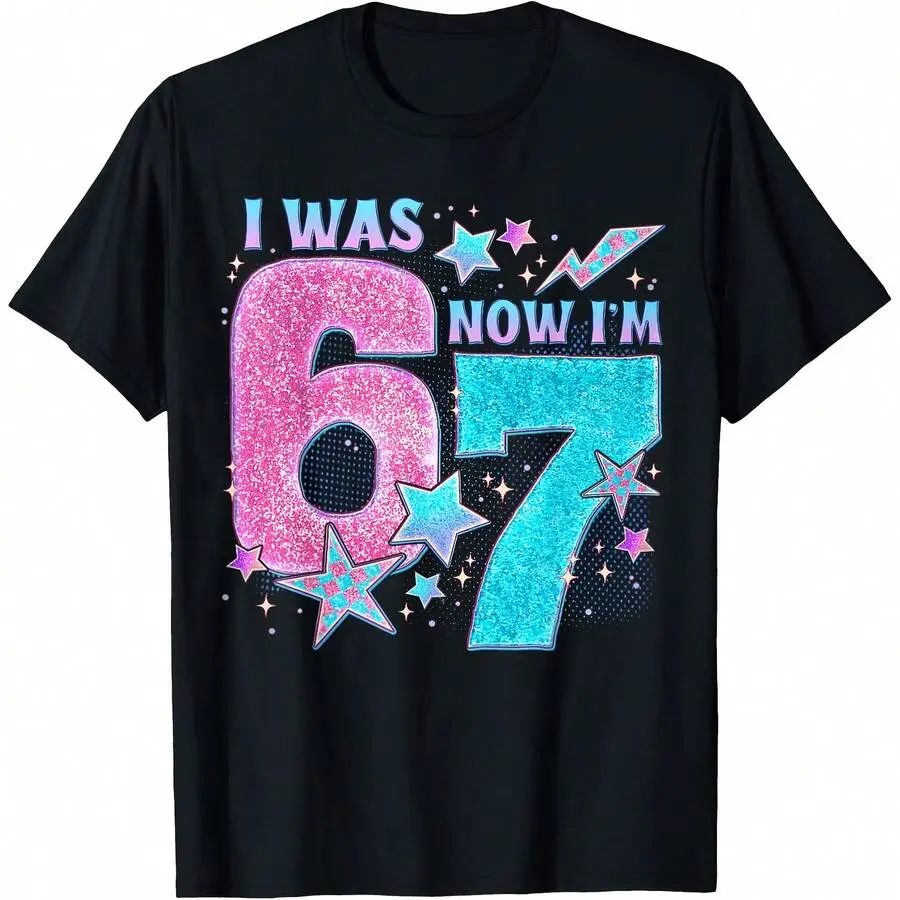 Girls' T-Shirt for 7th Birthday, Casual Colorblock Custom Number Figure Graphic, Cotton Knit, Loose Fit Round Neck Short Sleeve Tops for Ages 6-7, Custom Number Shirt, Cute Graphic Tees, Knitting, Number Print