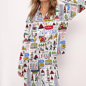Christmas Holidays In New York Satin Pajama Set For Women Print Comfy Satin Sleepwear & Loungewear Pjs Printing Silky Top & Bottoms - SHESHOW