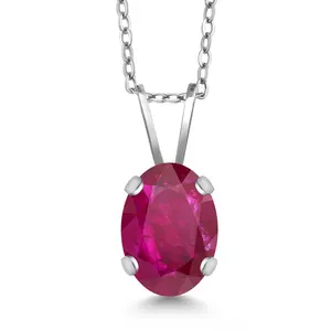 Gem Stone King 14K White Gold Red African Ruby Pendant Necklace for Women | 0.87 Cttw | Gemstone July Birthstone | Oval 7X5MM | With 18 Inch Silver Chain