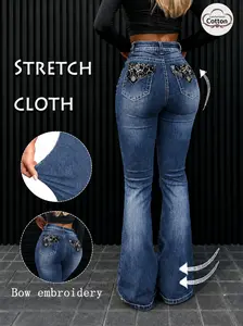 Women's Medium Blue Vintage Washed High-Stretch Flared Bootcut Jeans - High Waist, Black Bandana Paisley Patchwork Back Pockets, Contrast White Stitching, Butt-Lifting, Retro Western Cowgirl Y2K Casual Womenswear Denim Trousers