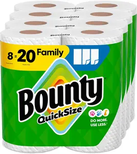 Bounty Quick Size Paper Towels, White, 8 Family Rolls = 20 Regular Rolls (Packaging May Vary)