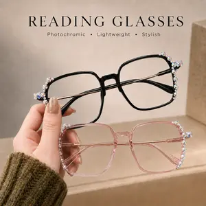 Photochromic Reading Glasses for Women, Light Adaptive Indoor Outdoor Readers, Oversized Square Rhinestone Frames, Lightweight HD Clear Lens Everyday Eyewear