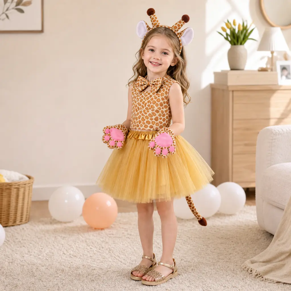 Kids Giraffe Costume Set with Headband, Bow Tie, Paw Gloves, Tail and Gold Skirt for Halloween Performance
