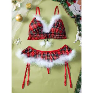 Christmas Sexy Lingerie Mrs Claus Cosplay Pajamas Outfit Set Plaid Bra & Thongs with Garter Belts