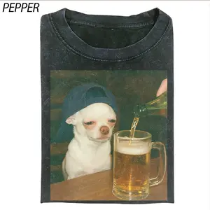 Sad Drinking Chihuahua Shirt, Depressed Dog Beer Meme Tee, Late Night Thoughts Funny T-Shirt, Tipsy Puppy Aesthetic Graphic, Dark Humor Relatable Outfit, Vintage Washed Streetwear Womenswear Top Cotton