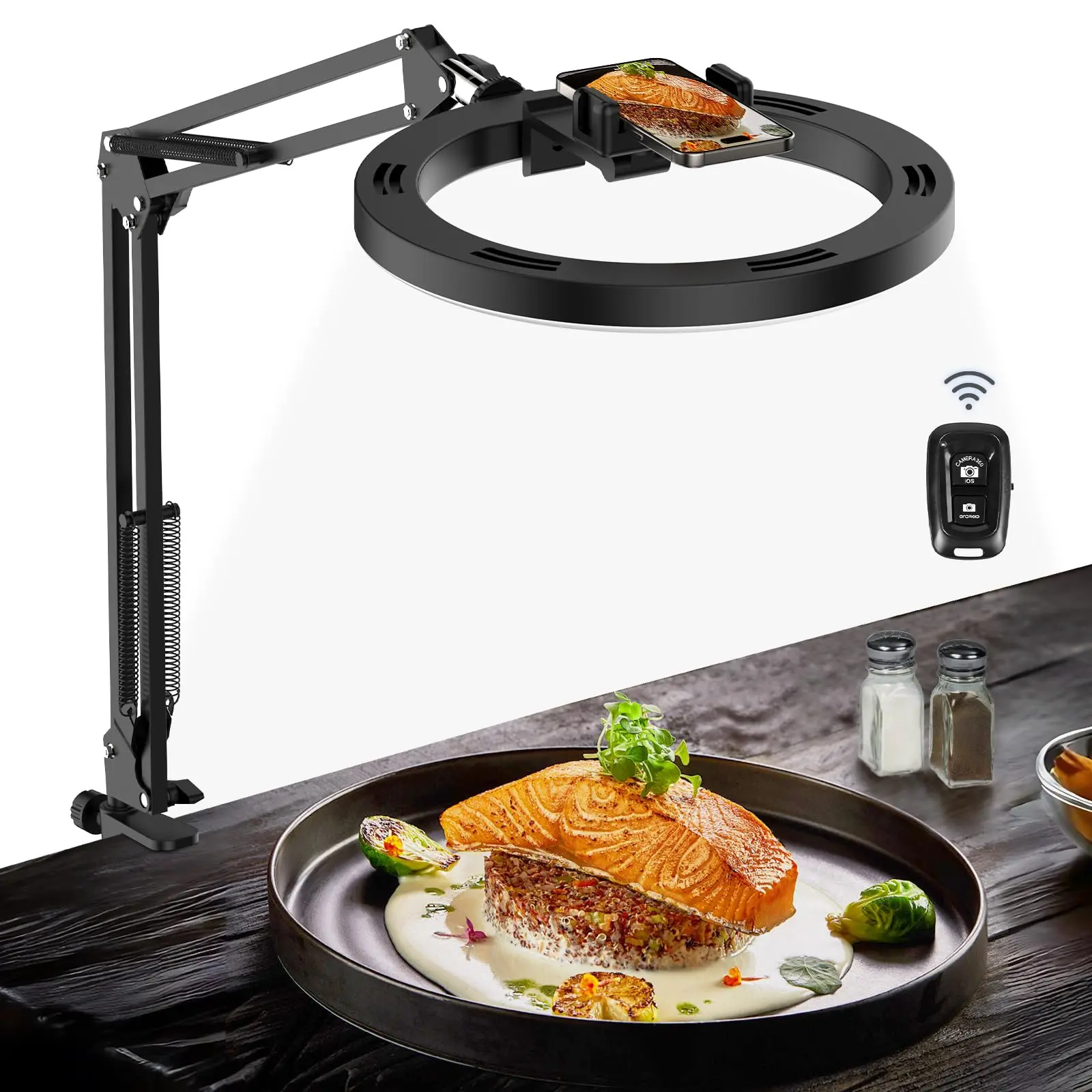 Overhead Camera Mount With Ring Light Phone Holder 10" Led For Desk Stand And Remote Tripod Video Recording Live Stream Cooking Kitchen Vlogging