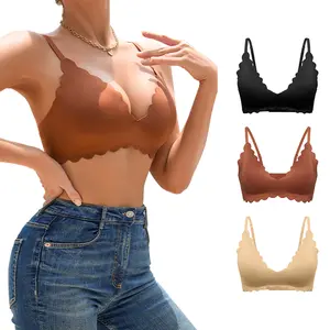 3-Pack Scalloped Edge Bralette Women's Wireless Bra Soft Comfortable Spaghetti Straps Adjustable Casual Everyday Feminine Basic Bralette Seamless Garments Elegant Underwear Minimalist