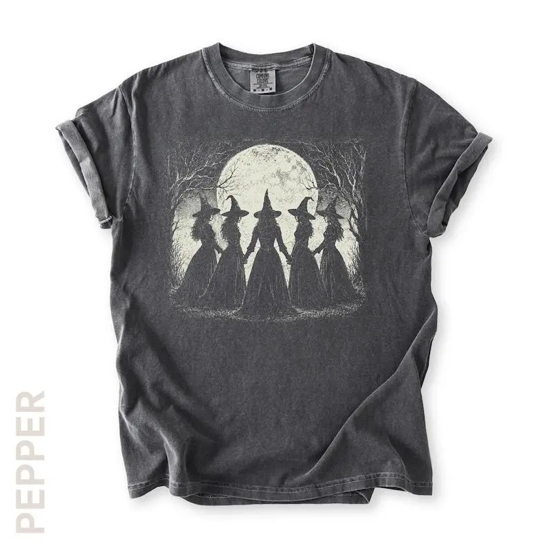 Comfort Colors Witches Coven Shirt, Retro Full Moon Graphic Tee, Spooky Forest Witch Design, Gothic Halloween Fall Apparel