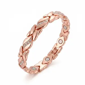 [mothersdaygift] Copper Bracelets for Women, Rose gold Women's Leaf Magnetic Bracelet with 3500 Gauss Effective Magnets, Pure Copper with Diamonds & Crystal, Rose Gold & Silver Stylish Fashion Wrist Jewelry, Perfect for Outdoor Fun & Valentine's Day Gift