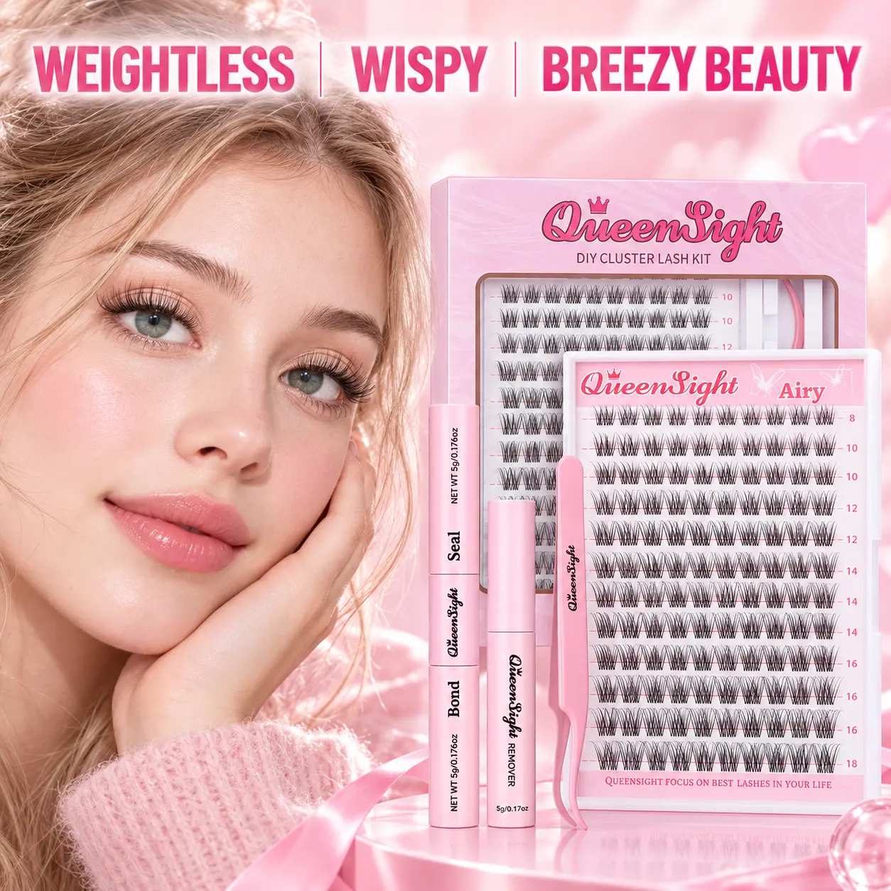 Queensight Airy D-Curl Cosmetic False Eyelash Clusters, Nature-Inspired Lightweight Wispy Fluffy Lashes with Invisible Comfortable Band, Beginner-Friendly for Daily Home & Photo Use, Easy-to-Apply for Adults