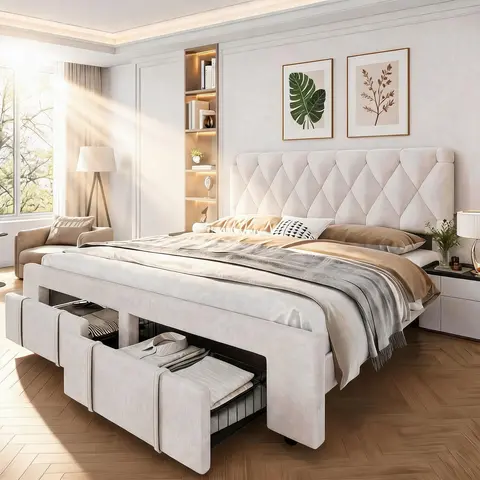 Queen/King/Full Size Upholstered Platform Bed Frame Solid Wooden Slats Bed Frame w/ 2 Storage Drawers Mattress Foundation, No Box Spring Needed