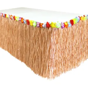 9 Ft x 29 In Luau Grass Table Skirt-Hawaiian Theme Party Skirt with Hibiscus Flower Decoration - Fringe Raffia Straw Backdrop for Moana Birthday Decorations