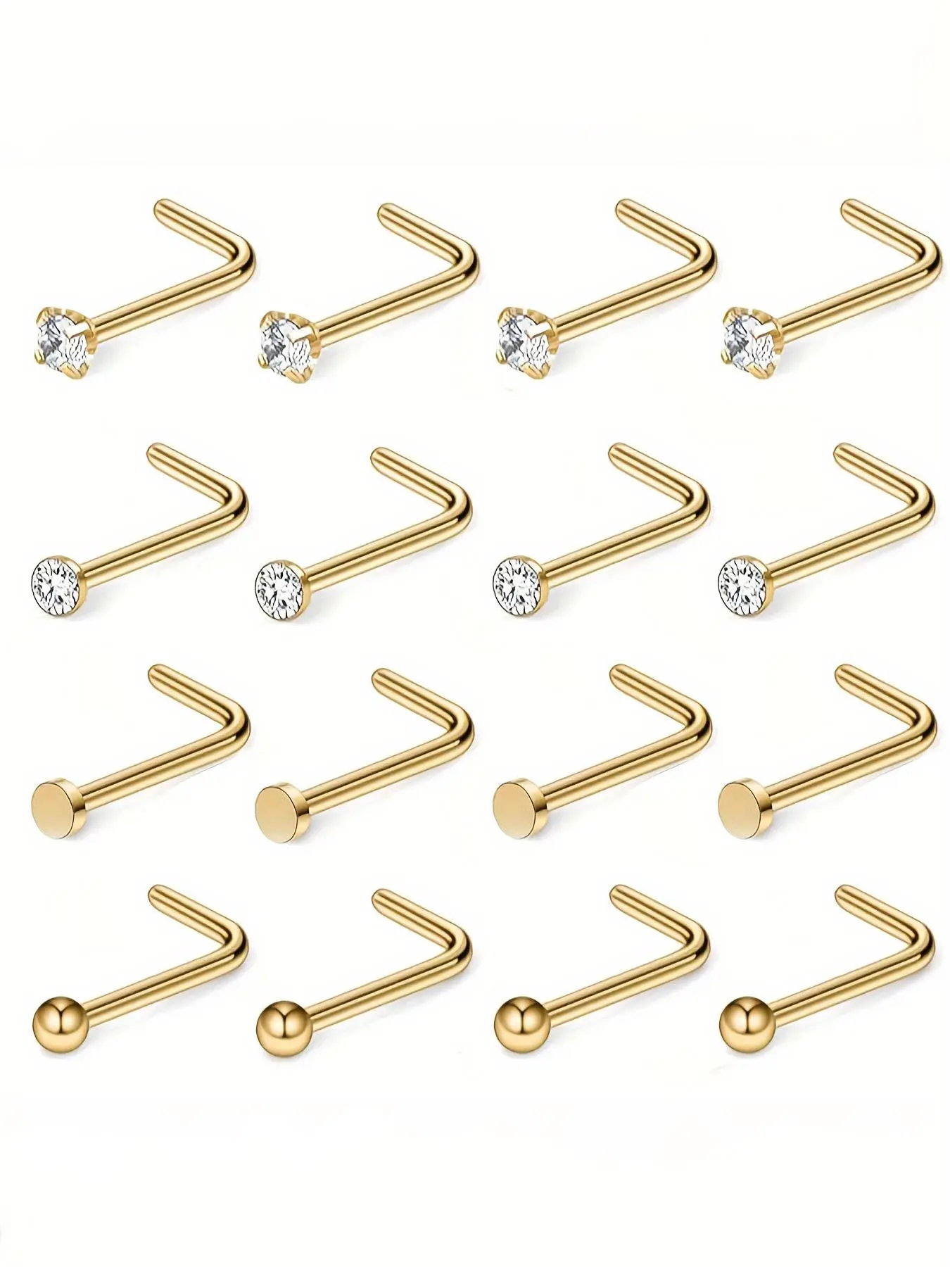 16 Piece Fashion Simple Style Stainless Steel Nose Studs, Low Allergy, Unisex, Round Ball Design, Zircon Inlay, Four Sizes Available, Nose Piercing Jewelry, Body Piercing Jewelry