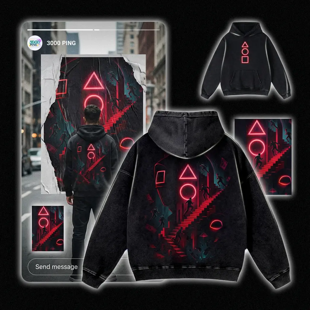 Squid Game Neon Geometric Symbols Vintage Bootleg Inspired Wash Tee, Korean Survival Drama Retro Graphic Unisex T-Shirt, Dystopian Maze Throwback Heavyweight Sweatshirt, Surreal Staircase Nostalgia Oversized Streetwear Hoodie and Tank Top