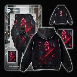 Squid Game Neon Geometric Symbols Vintage Bootleg Inspired Wash Tee, Korean Survival Drama Retro Graphic Unisex T-Shirt, Dystopian Maze Throwback Heavyweight Sweatshirt, Surreal Staircase Nostalgia Oversized Streetwear Hoodie and Tank Top