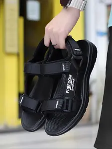 Men's Casual Sport Sandals, Trendy Solid Color Letter Design Round Toe Sandals, Fashionable Sandals for Summer Beach Wear, National Day Offers, Casual Outdoor Sandals