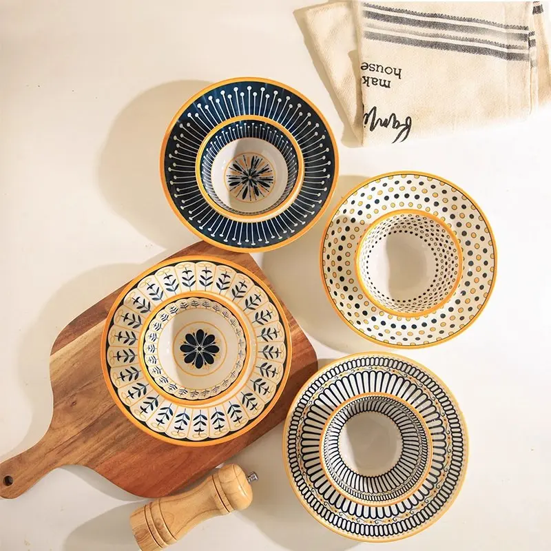 8 pcs ceramic tableware set, including 4 bowls and 4 plates, featuring Nordic style and a blue color scheme. Microwave-safe and dishwasher-friendly, ideal for home use, dining rooms, themed hotels, and perfect for holiday parties, Dinnerware Service Set