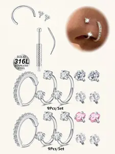 Cz Horseshoe Nose Rings, Hypoallergenic 316L Stainless Steel 18/20 Gauge 8mm Hoops, Internal Threaded Ideal for Nose, Cartilage, Tragus, Helix & Lip Piercing Nose Piercing Jewelrys, Includes Piercing Ball Grabber Tool, DIY Replacement Ball Accessories