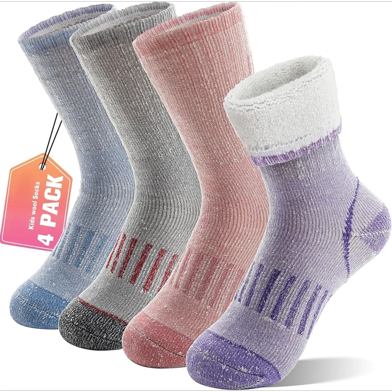 qqc F-SOK12 Kids' Merino Wool Hiking Socks - Thermal, Thick Cushioned, Arch Support, Moisture Wicking, Crew Length, Snug Cuffs for Toddlers Girls, Winter Warm Boot Socks for Children’s Day, Snowboarding, Outdoor Play