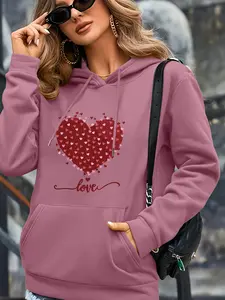 Valentine's Day Heart  Graphic Print Women's Oversized Graphic Hoodie - Lightweight Long Sleeve Printed Sweatshirt, Casual Comfy Pullover, Soft Casual Fall Lounge Wear for Daily & Home Use.
