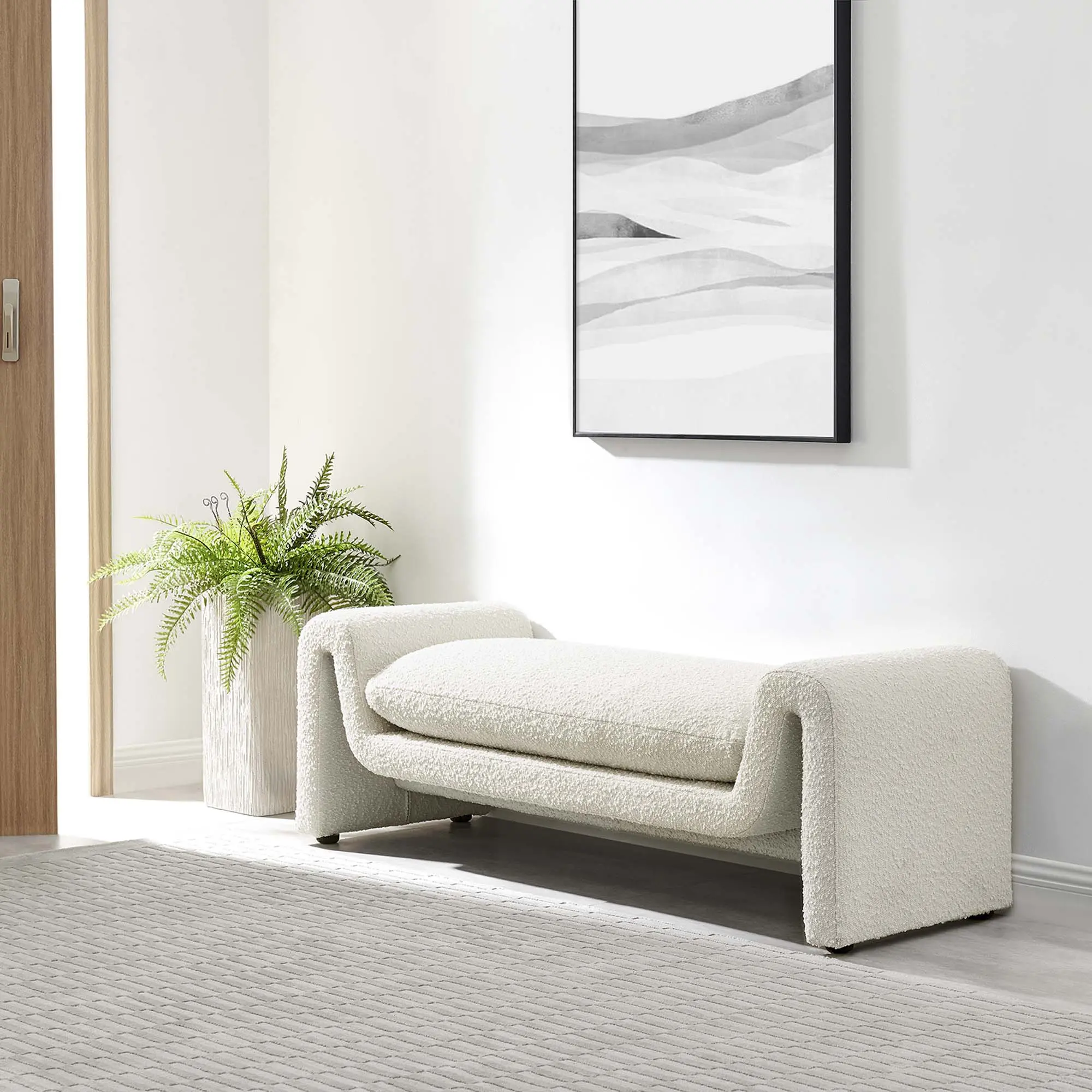 Waverly Boucle Fabric Bench in Ivory