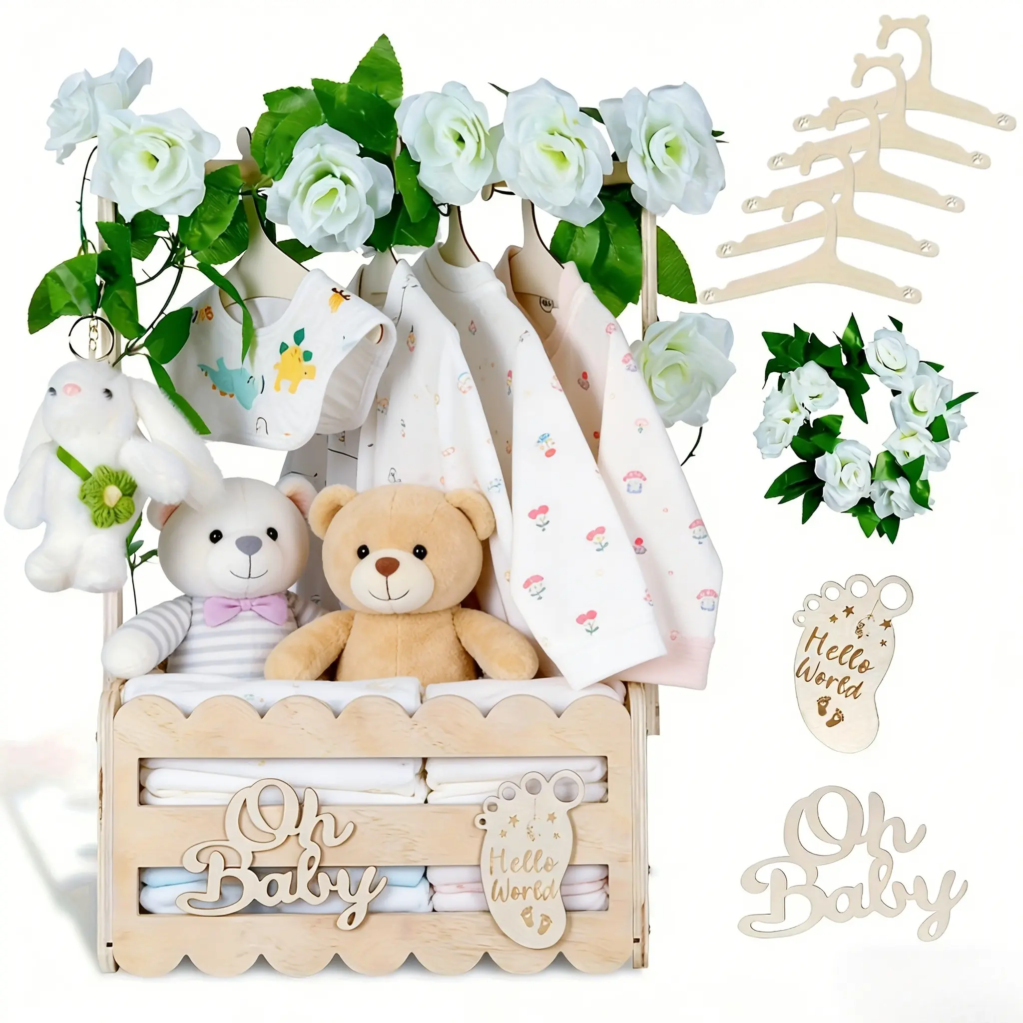 Wooden Baby Shower Crate Closet with Handle, Storage Basket, 5 Baby Clothes Hangers, Artificial Garland, Newborn Gift Basket, Clothes Baskets, Nursery Baskets, Room Organizers, Room Organization Products